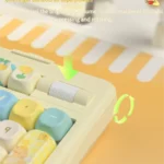 Butter Bear Mechanical Keyboard from various angles, highlighting its adorable aesthetic, premium features, interactive display, and scroll wheel.