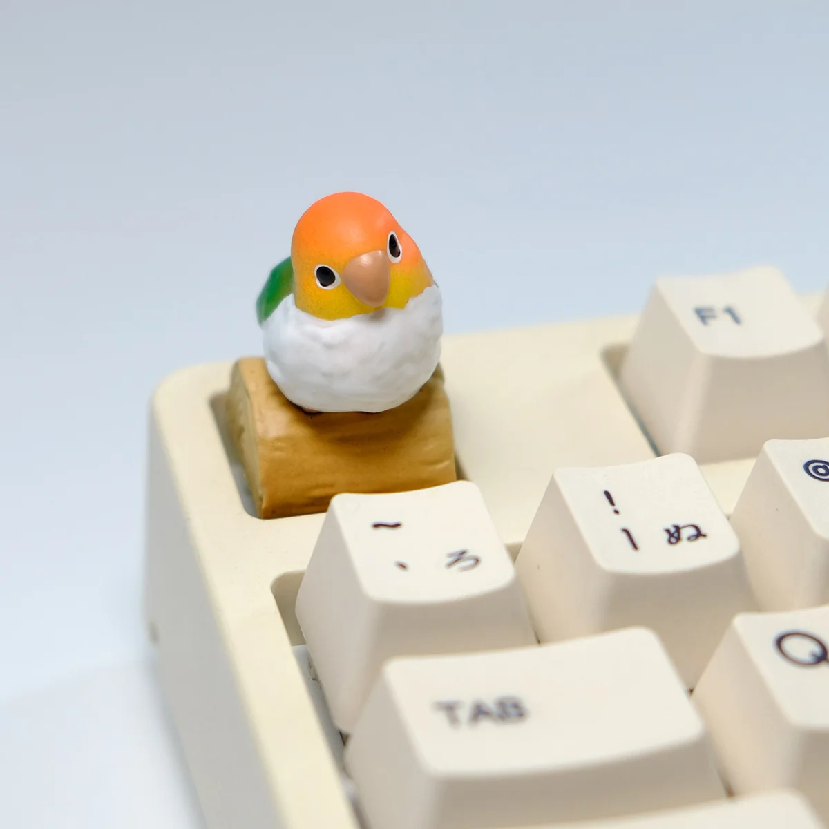 Exquisitely handcrafted Caique parrot artisan keycap, viewed from various angles, revealing its vibrant, lifelike details and artistic charm.