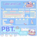 Adorable Cat Cake PBT keycap set, showcasing whimsical pastel cat and cake motifs with unique side-lit legends for a playful keyboard.