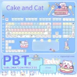 Adorable Cat Cake PBT dye-sub keycap set for standard layouts, featuring whimsical pastel cat and cake motifs with front-lit legends.