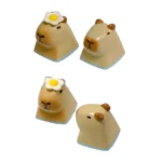 Adorable handmade resin Capybara With Orange & Flower keycap viewed from multiple angles, highlighting its serene expression and charming magnetic flora and fruit accessories.