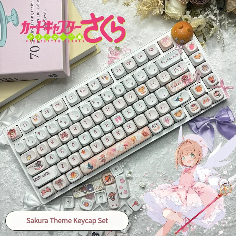 A captivating close-up of the exclusive Cardcaptor Sakura PBT Dye-sub MOA keycap set, showcasing the intricate pastel designs and magical girl anime aesthetics.