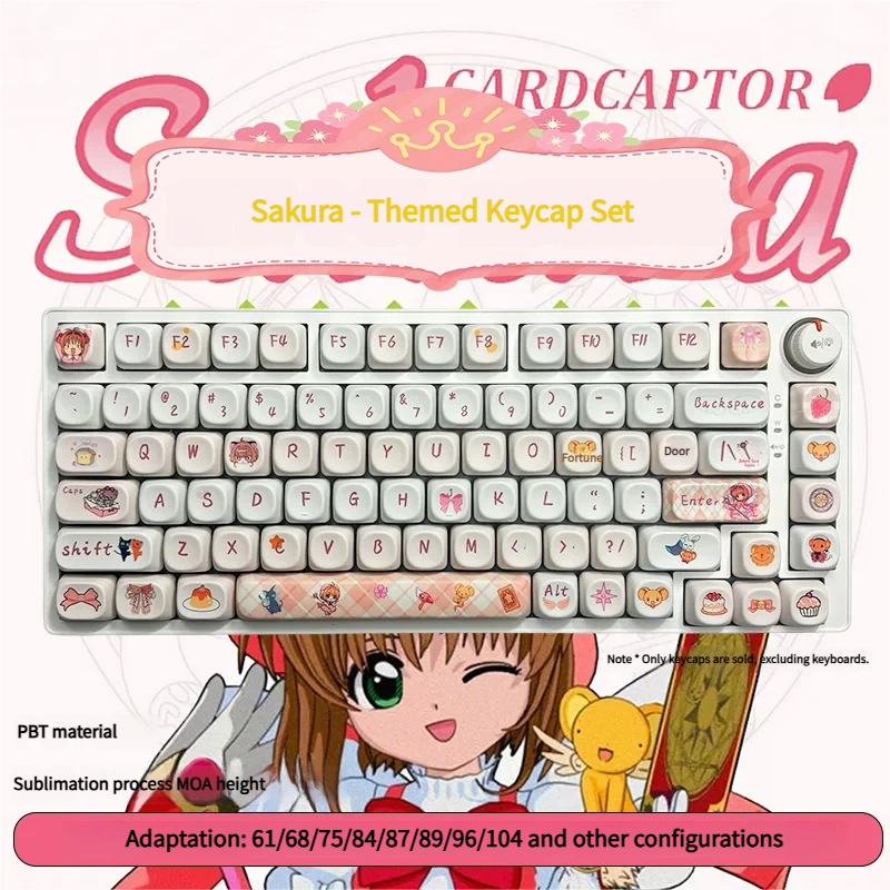 Exclusive Cardcaptor Sakura PBT dye-sub MOA keycaps set, beautifully displayed with pastel colors and iconic magical girl anime motifs.