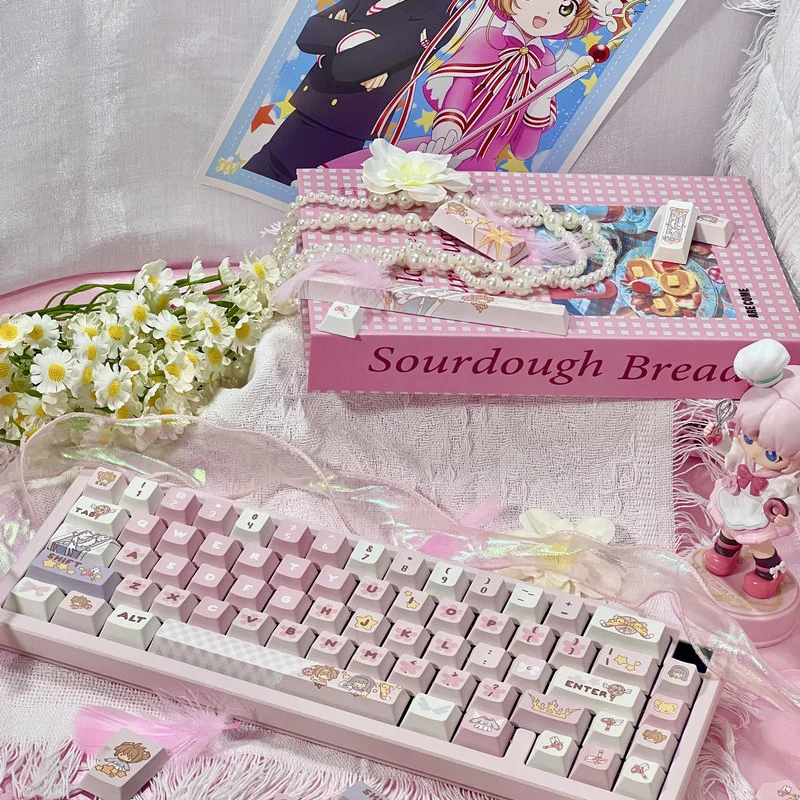 A gallery of iconic Cardcaptor Sakura PBT dye-sub keycaps set, showcasing whimsical pastel pink and purple designs with magical anime motifs. Each angle hidden characters design.