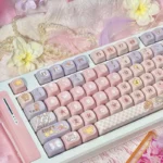 Iconic Cardcaptor Sakura PBT Dye-Sub Keycaps Set showcasing whimsical pastel pink and purple designs and magical anime motifs from different angles.