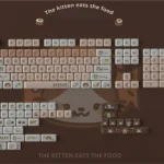 Playful PBT Cat Eat Japanese Food keycaps set depicting adorable cats with Japanese food, shown from multiple angles. Charming, whimsical designs for a unique keyboard setup.