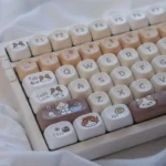 Charming PBT Cat Eat Japanese Food keycaps set showcasing whimsical cats with vibrant Japanese food designs.