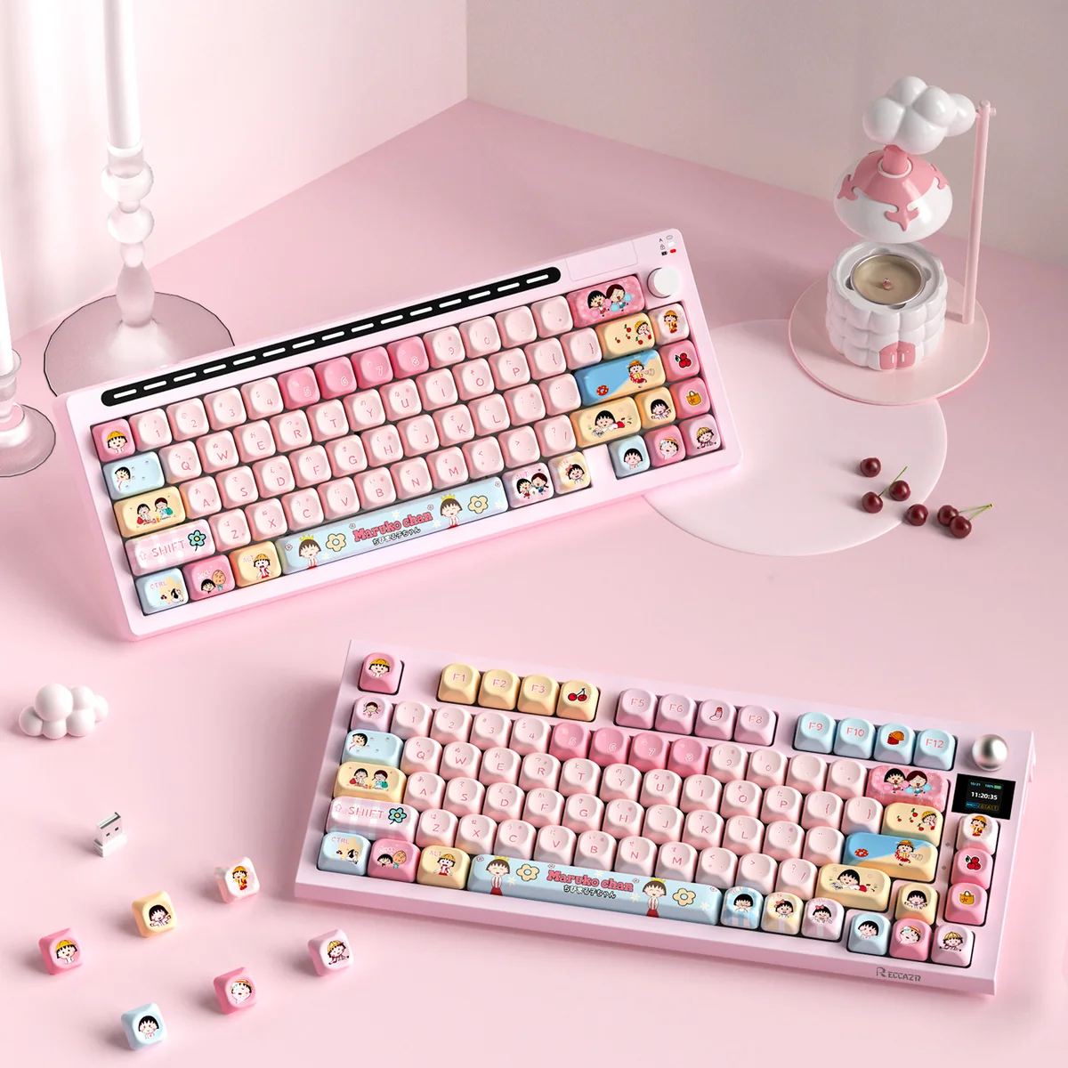 Vibrant Chibi Maruko-chan PBT keycaps set in MOA profile, featuring cute and nostalgic characters for a playful keyboard aesthetic.