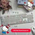 A playful gallery view of Hello Kitty MOA PBT keycaps set, highlighting the durable PBT material and charming pastel character designs with iconic bows.