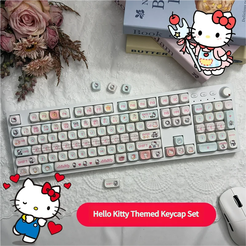 A playful gallery view of Hello Kitty MOA PBT keycaps set, highlighting the durable PBT material and charming pastel character designs with iconic bows.