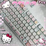 Hello Kitty MOA PBT keycaps set, featuring whimsical characters and pastel bows across multiple angles. Durable and playful for a charming keyboard.