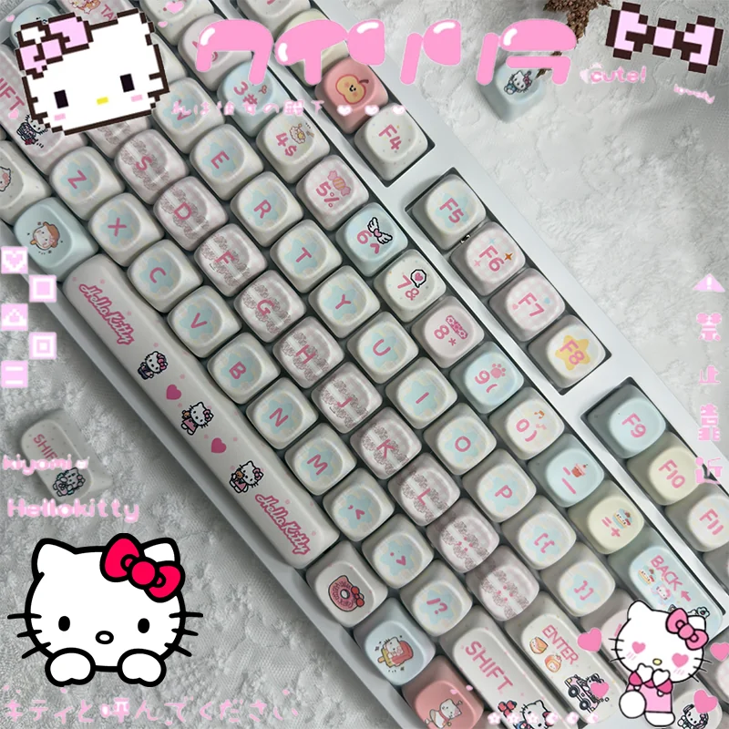Hello Kitty MOA PBT keycaps set, featuring whimsical characters and pastel bows across multiple angles. Durable and playful for a charming keyboard.