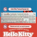 Playful Hello Kitty MOA PBT keycaps set, showcasing iconic characters and pastel colors from various charming angles. Durable PBT, cute design.