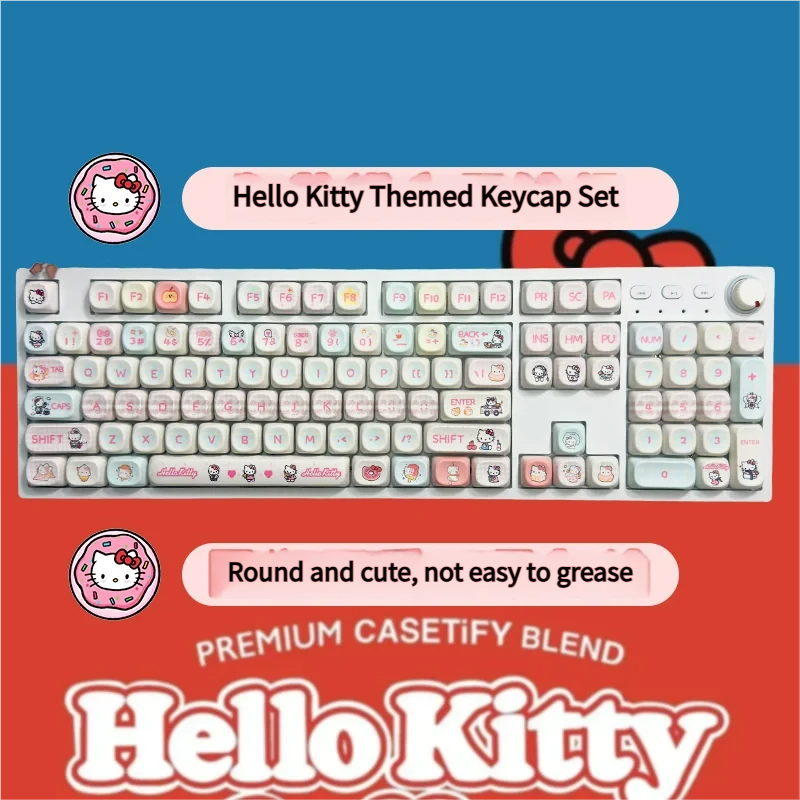 Playful Hello Kitty MOA PBT keycaps set, showcasing iconic characters and pastel colors from various charming angles. Durable PBT, cute design.