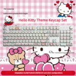 Playful Hello Kitty MOA PBT keycap set featuring whimsical characters and iconic bows in pastel colors. Durable and cute.