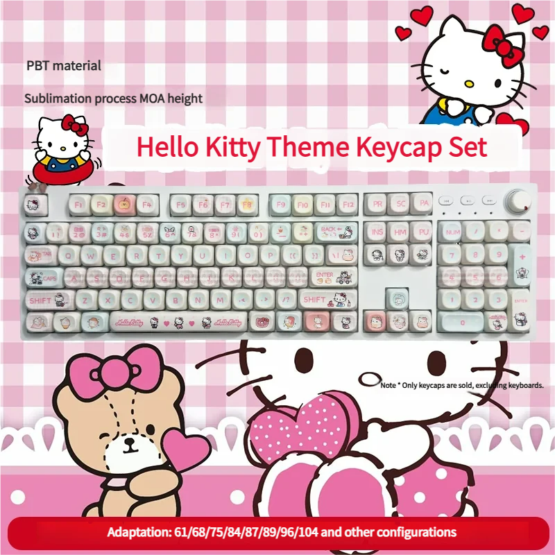 Playful Hello Kitty MOA PBT keycap set featuring whimsical characters and iconic bows in pastel colors. Durable and cute.
