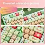 A delightful arrangement of adorable Chiikawa PBT keycaps set, showcasing the whimsical pastel characters from a charming new angle for a playful desktop.