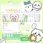 Whimsical Chiikawa Hachiware PBT dye-sub backlit keycaps set. See charming Hachiware art, soft pastels, and smooth spherical profile from multiple angles.