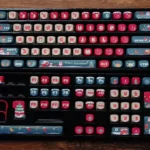 Whimsical Christmas PBT keycaps set, vibrant dye-sublimated festive characters and snowy scenes from multiple angles. Durable, playful holiday vibe.