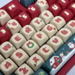 Vibrant Christmas PBT keycaps set, showcasing whimsical dye-sublimated holiday scenes, festive characters, and snowy landscapes across different angles.