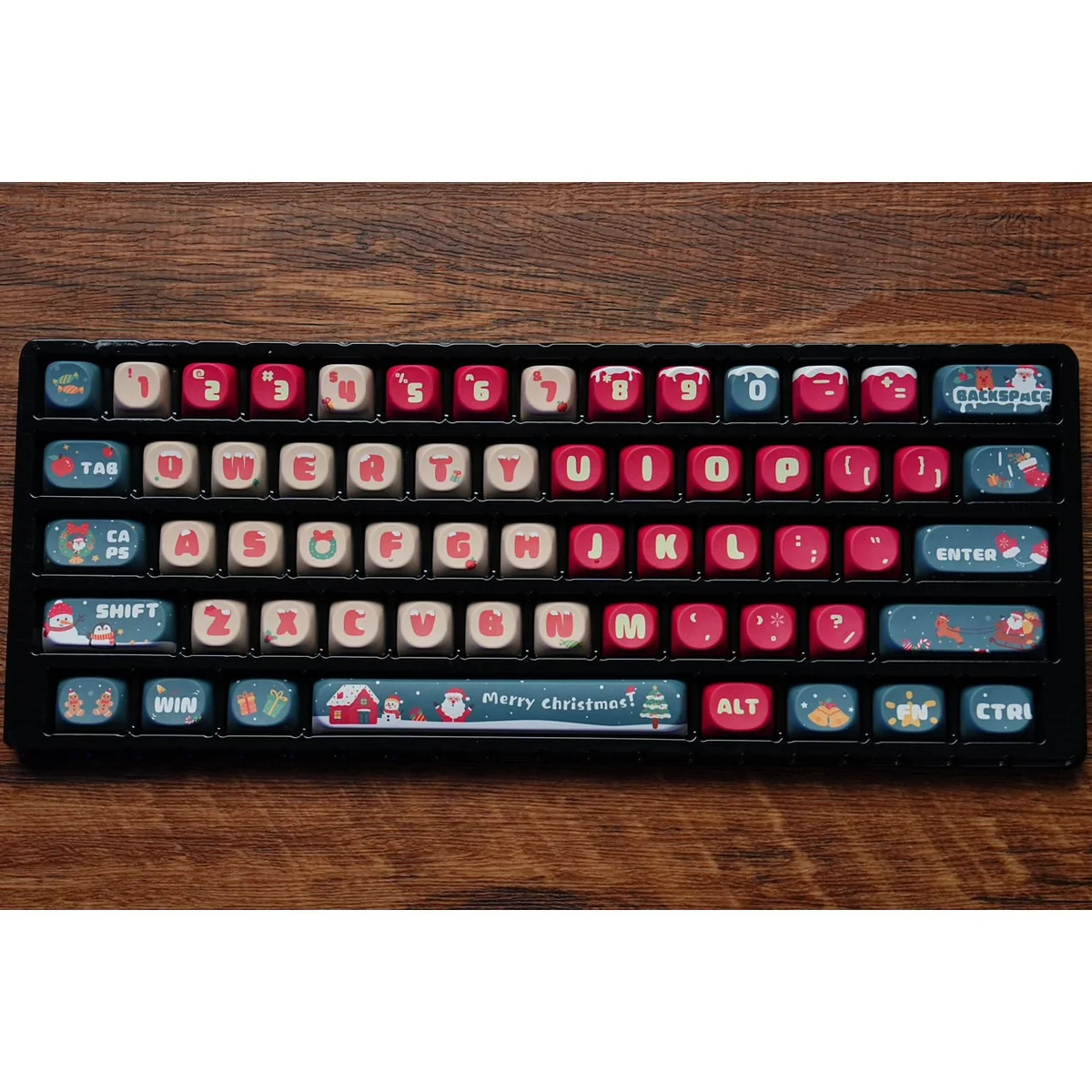 Whimsical Christmas PBT keycaps set with vibrant dye-sublimated holiday scenes, snowy landscapes, and festive characters, offering durable joy.