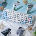Cinnamoroll PBT keycaps set displayed from various angles, showcasing whimsical designs in soft hues on durable, smooth PBT.