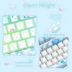 Whimsical Cinnamoroll PBT dye-sub keycap set, displayed from multiple angles, showcasing the crisp blue and white pastel design and durable material.