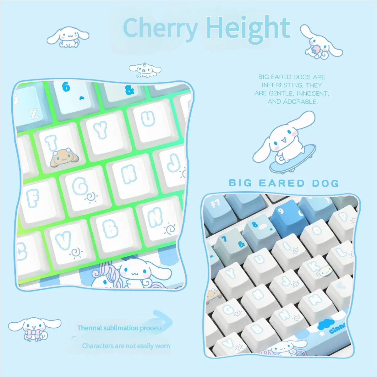 Whimsical Cinnamoroll PBT dye-sub keycap set, displayed from multiple angles, showcasing the crisp blue and white pastel design and durable material.