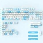 Playful Cinnamoroll PBT keycap set with a crisp dye-sub big-eared puppy design in soft pastel blue and white, ensuring durable, charming aesthetics.
