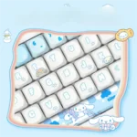 Whimsical Cinnamoroll PBT Dye-Sub Keycap Set gallery, showing crisp Cinnamoroll character art and durable PBT from multiple angles. Features soft blue design.