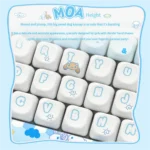 Whimsical Cinnamoroll PBT Dye-Sub keycap set from an alternate angle, displaying its crisp character art and durable PBT material in soft blue and white palettes.