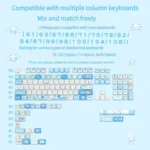 Close-up views of the durable PBT Cinnamoroll dye-sub keycaps set, featuring crisp, playful soft blue and white pastel character art from multiple perspective angles.