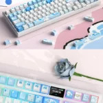 Playful Cinnamoroll PBT keycap set with a crisp dye-sub big-eared puppy design in soft pastel blue and white, ensuring durable, charming aesthetics.