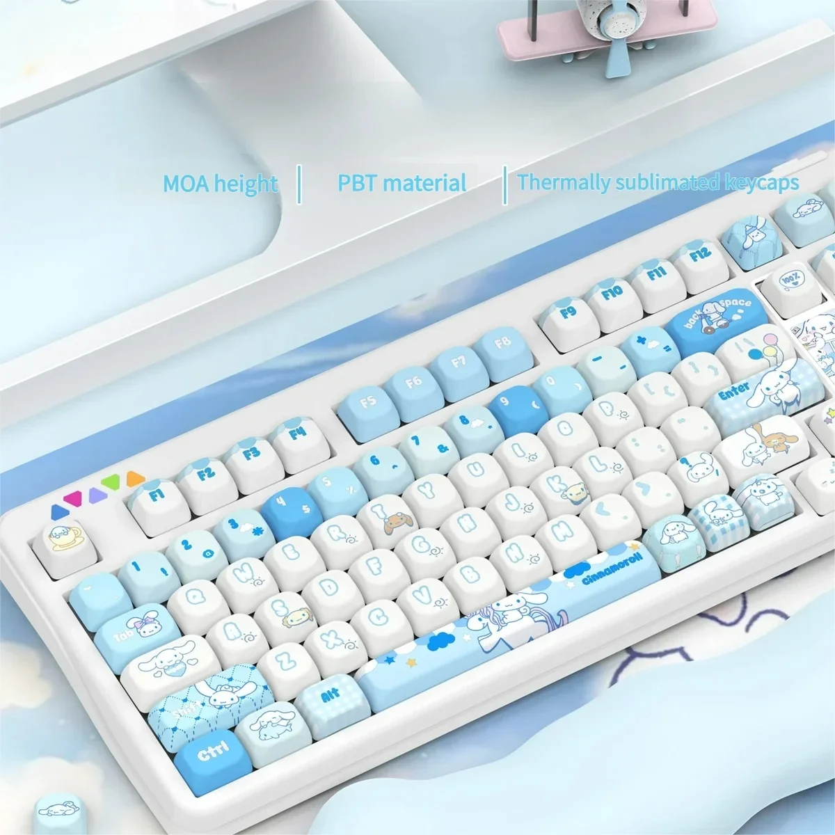 Whimsical Cinnamoroll PBT Dye-Sub keycap set showcasing the charming character in soft blue and white pastels, emphasizing its durable PBT and crisp dye-sub design.