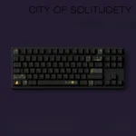 Detailed view of the City of Solitudety Cherry Keycap Set, highlighting its minimalist black design and robust PBT construction from a unique perspective.
