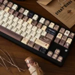 Coffee PBT Keycaps Set gallery: Durable dye-sub PBT with unique vintage Cherry profile and warm coffee-themed aesthetic in cream and dark brown.