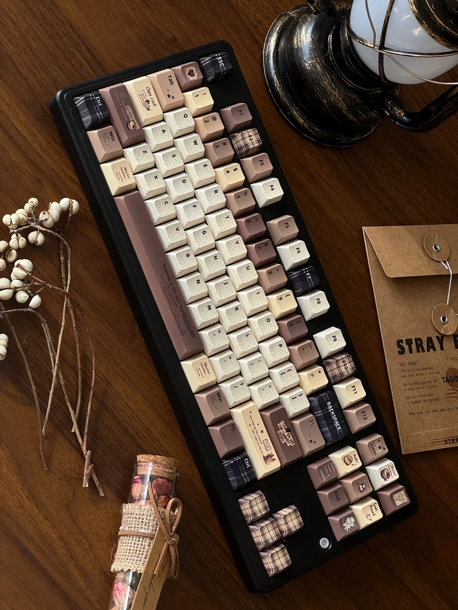 Artistic Coffee PBT Keycaps set featuring a unique vintage Cherry aesthetic with durable dye-sub PBT in warm coffee and cream hues.