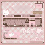 Coffee Whisper PBT keycap set with side-lit square legends, showcasing durable dye-sub PBT in a warm coffee and rose palette for a premium setup.