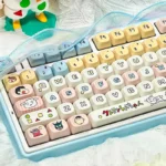 Close-up of vibrant Crayon Shin-chan PBT MOA keycaps set, showcasing mischievous art and smooth spherical profiles from a unique angle.