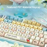 Close-up of playful Crayon Shin-chan PBT MOA keycaps set from different angles, highlighting vibrant anime art and their smooth spherical profile.