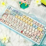 Playful Crayon Shin-chan PBT MOA keycaps set displayed from multiple angles, highlighting vibrant character art and smooth spherical profiles.