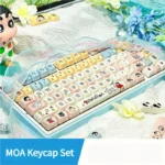 Vibrant Crayon Shin-chan PBT MOA keycap set showcasing playful, mischievous art on smooth, spherical keycaps for a fun keyboard upgrade.