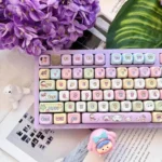 A whimsical Crayon Shin-chan PBT keycap set showcasing its exclusive blue-purple anime character designs from various angles.