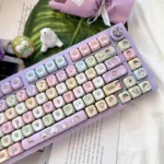 A gallery view of the exclusive Crayon Shin-chan PBT keycap set, showcasing various angles of the whimsical blue-purple anime characters.