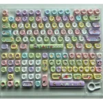 A vibrant close-up of several exclusive Crayon Shin-chan PBT keycaps set, highlighting their playful blue-purple anime character designs.