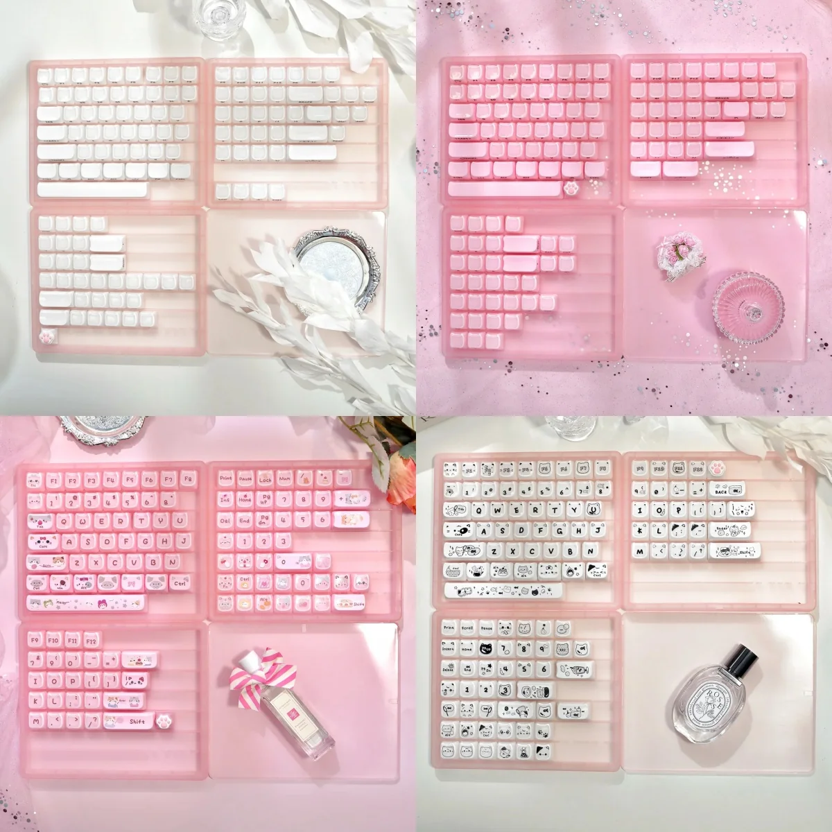 Crystal Jelly MAO Keycap Set showcase playful cat art in pastel hues, highlighting their ergonomic MAO profile and double-layered depth.