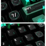 Cthulhu pearlescent PBT keycaps set for magnetic switch keyboards, detailed from various angles. Showcases otherworldly motifs and a shimmering metallic finish coating.