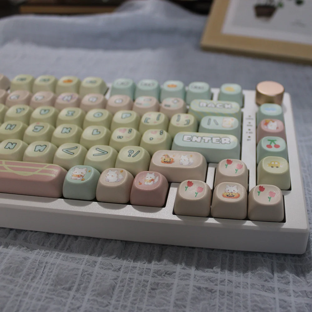 Adorable pink PBT cute cat keycaps set showcasing various angles, highlighting the charming pastel design and durable material for whimsical keyboards.