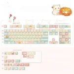 Adorable opaque pastel pink and white PBT cute cat keycaps set, a charming whimsical full set for standard keyboards.