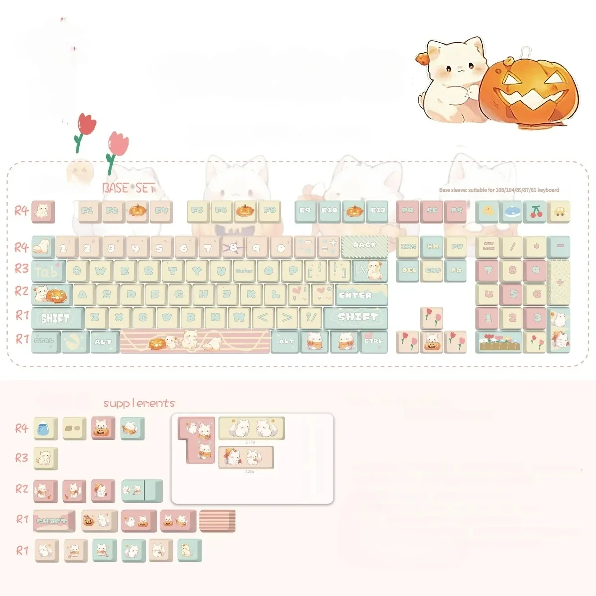 Adorable opaque pastel pink and white PBT cute cat keycaps set, a charming whimsical full set for standard keyboards.